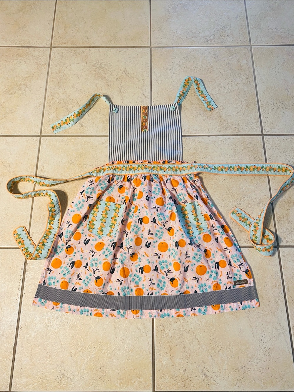 Vintage Matilda Jane Apron with striped patchwork fabrics and Orange Fruit Print
